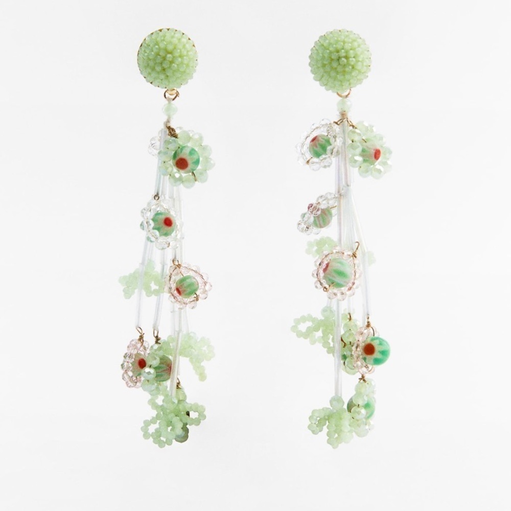 ZARA Beaded Long Drop Earrings Green BNWT